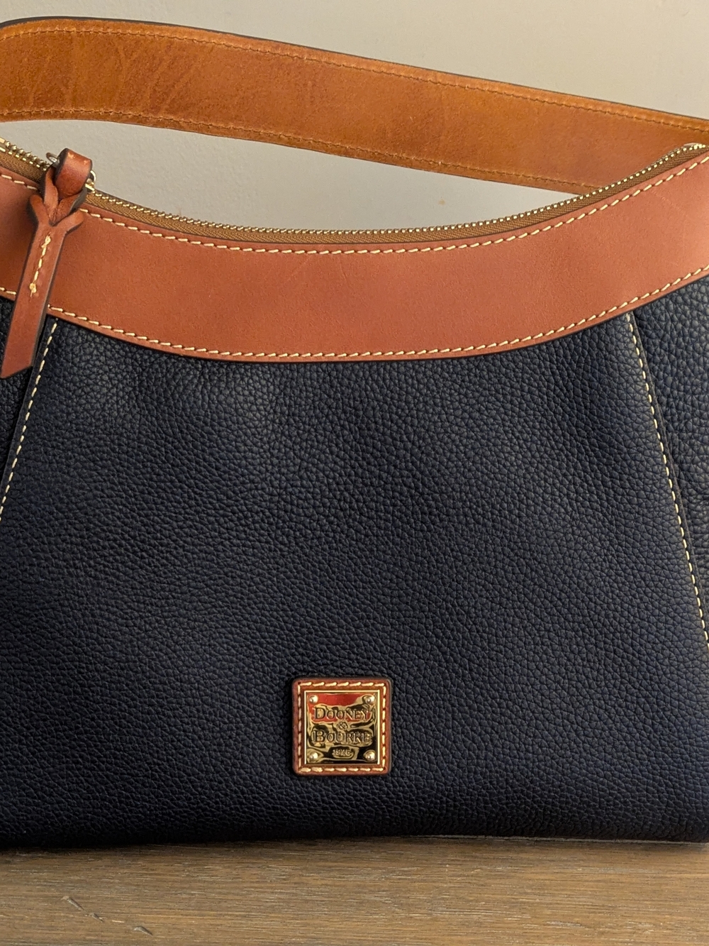Dooney & Bourke Navy Pebbled Leather Shoulder Bag with Tan Trim